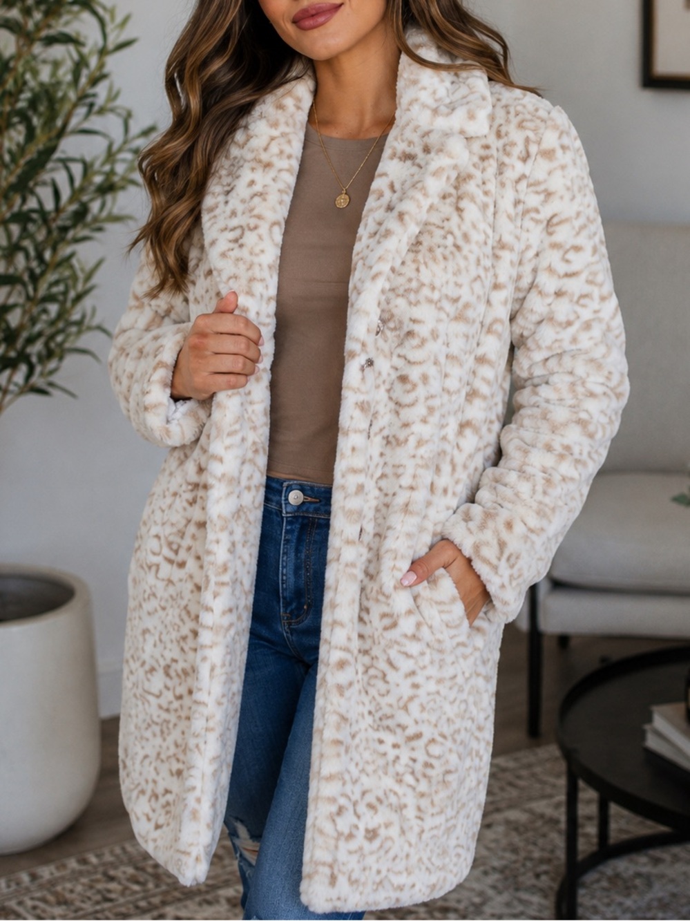 . Cream Leopard Faux Fur Sherpa Button Up Long Sleeve Pocketed Coat